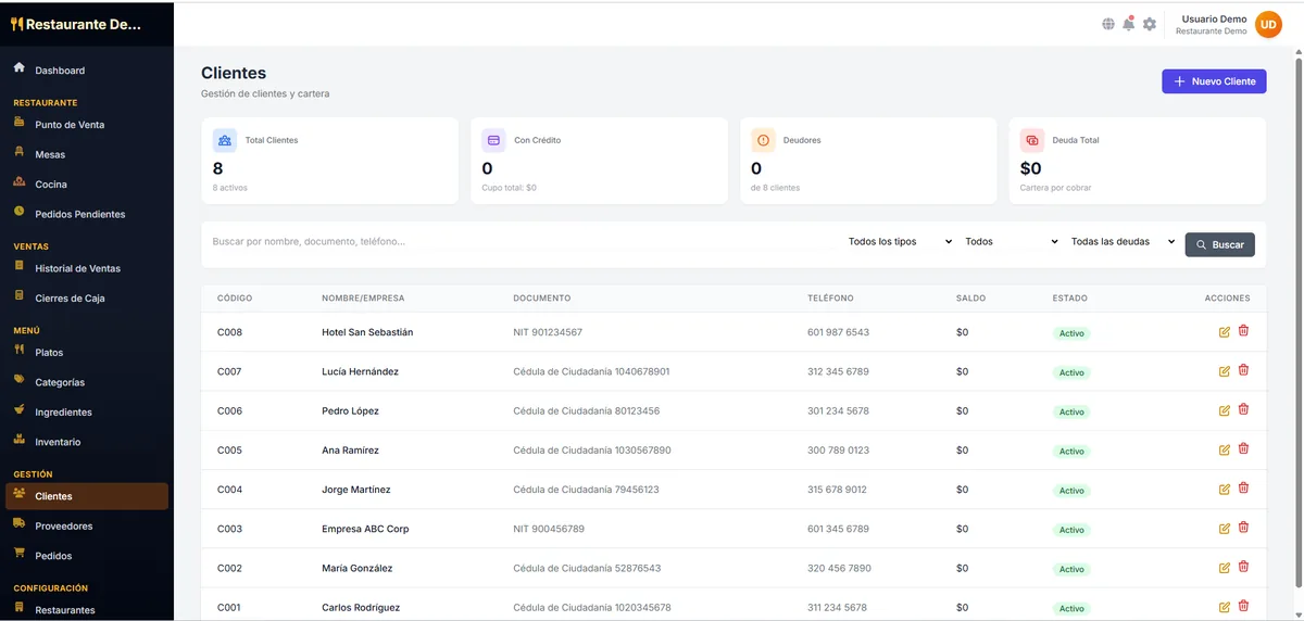 Gestión de clientes con cartera y créditos