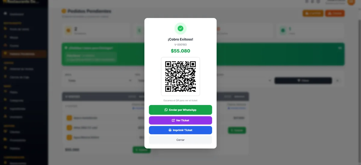 Cobro exitoso con código QR para ticket digital