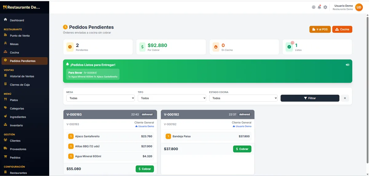 Pedidos pendientes con estadísticas y botón de cobro