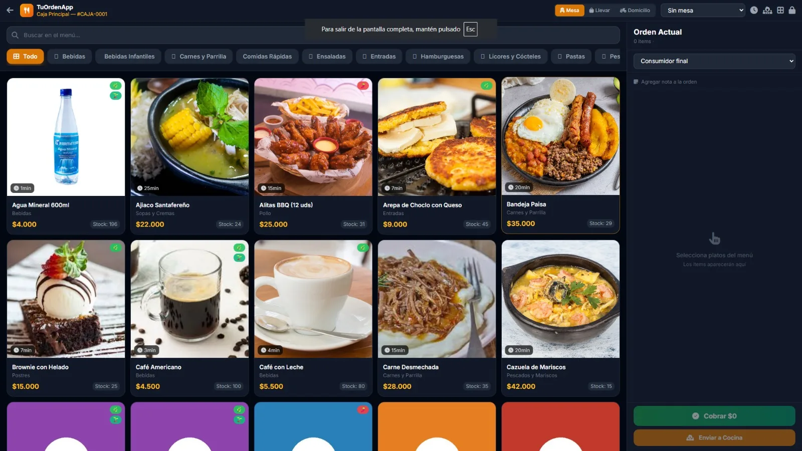 POS Terminal - Tomando pedido con fotos de platos reales