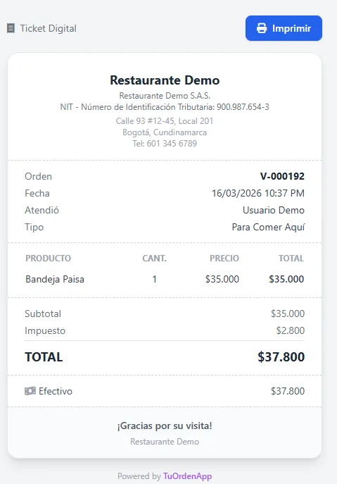 Ticket digital con detalle de la venta