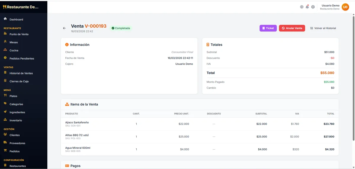 Detalle de venta completada con items y pagos